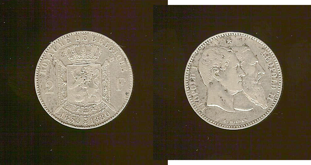 Belgium 2 francs 50th anniversary 1880 VF+